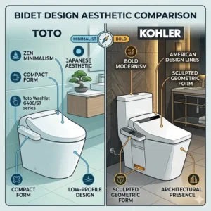 Comparison of modern American architectural lines vs Japanese minimalist design in a kohler vs toto bidet.