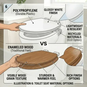 Illustration 6: Comparison of polypropylene and enameled wood materials for a toilet seat for one piece toilet.