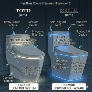 Graphic highlighting the water-saving and eco-conscious benefits of toto vs kohler bidet toilets.