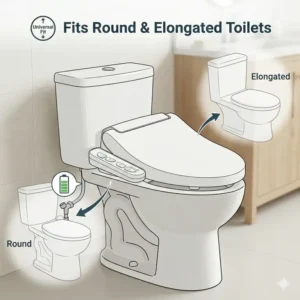 Graphic showing how the battery powered bidet seat fits both round and elongated toilets.