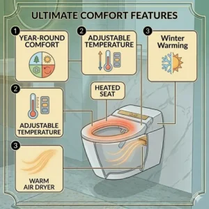 An illustration depicting the comfort of a heated seat and warm air dryer toilet for winter use.