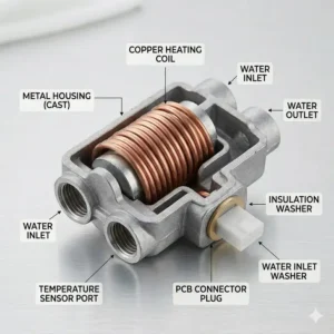 Internal bidet parts showing the instantaneous water heating element assembly.