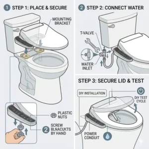 A step-by-step installation diagram showing how to easily set up bio bidets using a DIY approach.