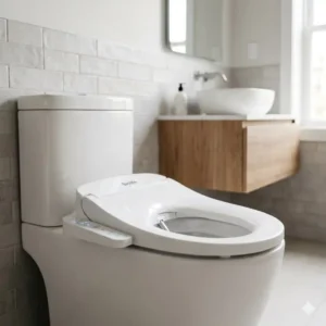 Illustration of the soft blue LED night light glowing from within a Biolife bidet bowl for nighttime safety.