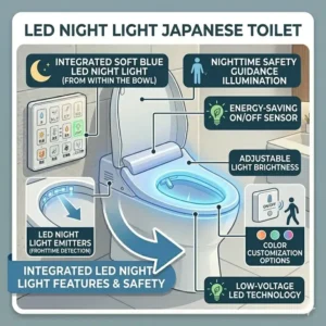 Visualization of the soft blue LED night light feature integrated into the bowl of a japanese wc bidet.