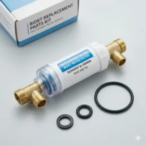 An inline bidet water filter with its transparent media housing and brass T-adapters, showcased alongside rubber washers as replacement toilet bidet parts for system protection.