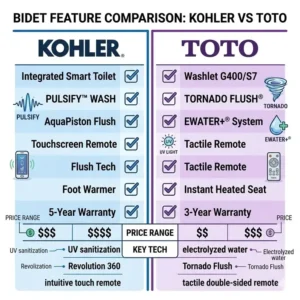 A comprehensive price and technical specification table for a quick kohler vs toto bidet evaluation.
