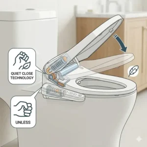 A battery powered bidet seat featuring a quiet, soft-close lid mechanism to prevent slamming.