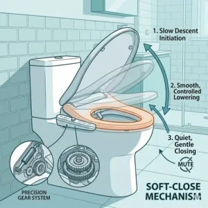 Infographic explaining the quiet soft-close mechanism of the bidet toilet seat warmer lid.