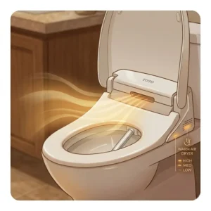 Illustration 7: Visual representation of the integrated warm air drying feature in a toto toilet with heated seat and bidet.