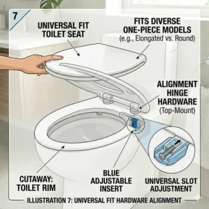 Illustration 7: Alignment guide for a universal fit hardware setup on a toilet seat for one piece toilet.