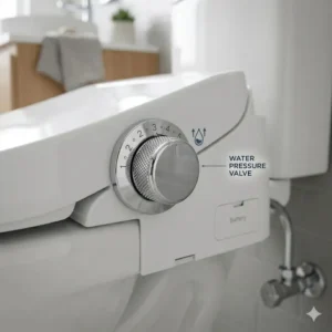 Detail of the manual water pressure control valve on the side of a battery bidet toilet seat.