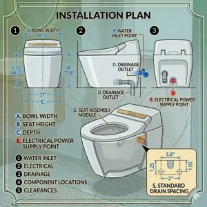 A professional installation diagram showing the plumbing and electrical specs for an air dryer toilet.