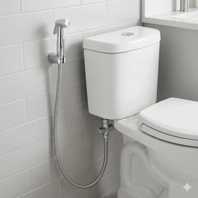 A premium stainless steel hose for toilet bidet installed in a modern bathroom.