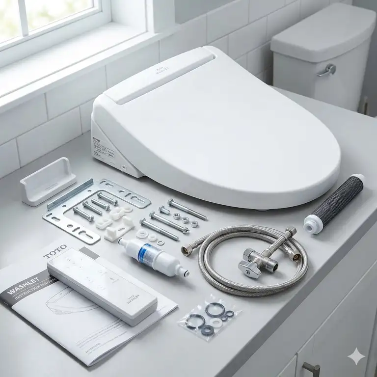 A comprehensive collection of genuine toto bidet parts including a remote, mounting plate, and filters for a complete Washlet repair.