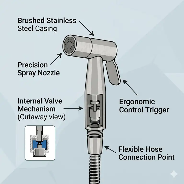 A premium wall-mounted stainless steel bidet spray set installed in a modern bathroom.