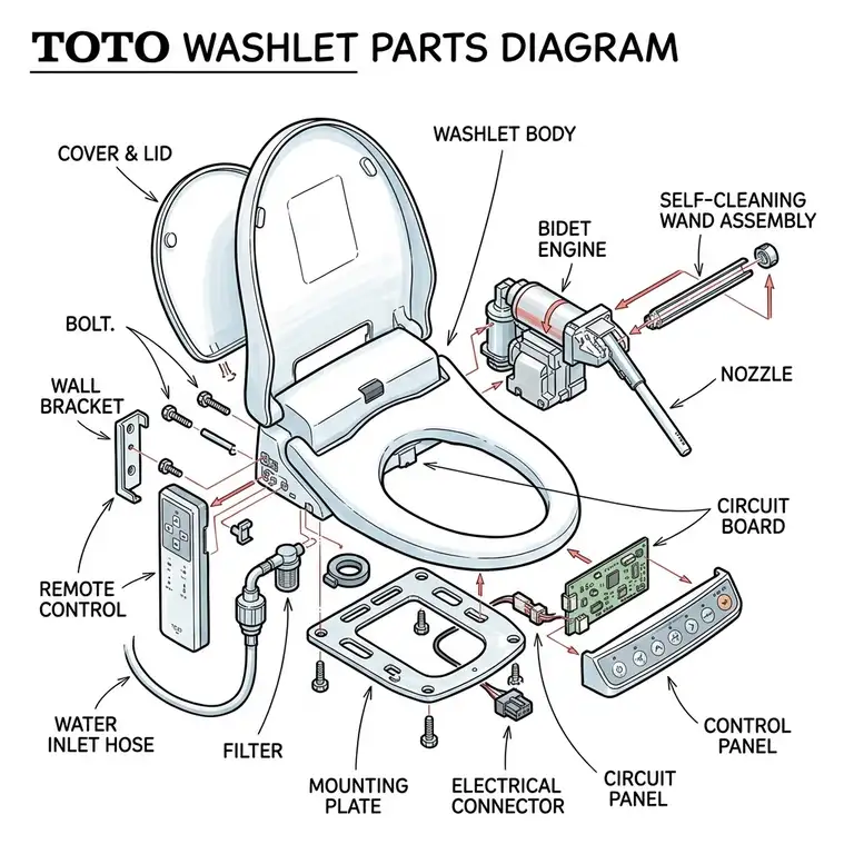 Detailed toto washlet parts diagram showing an exploded view of all main components.