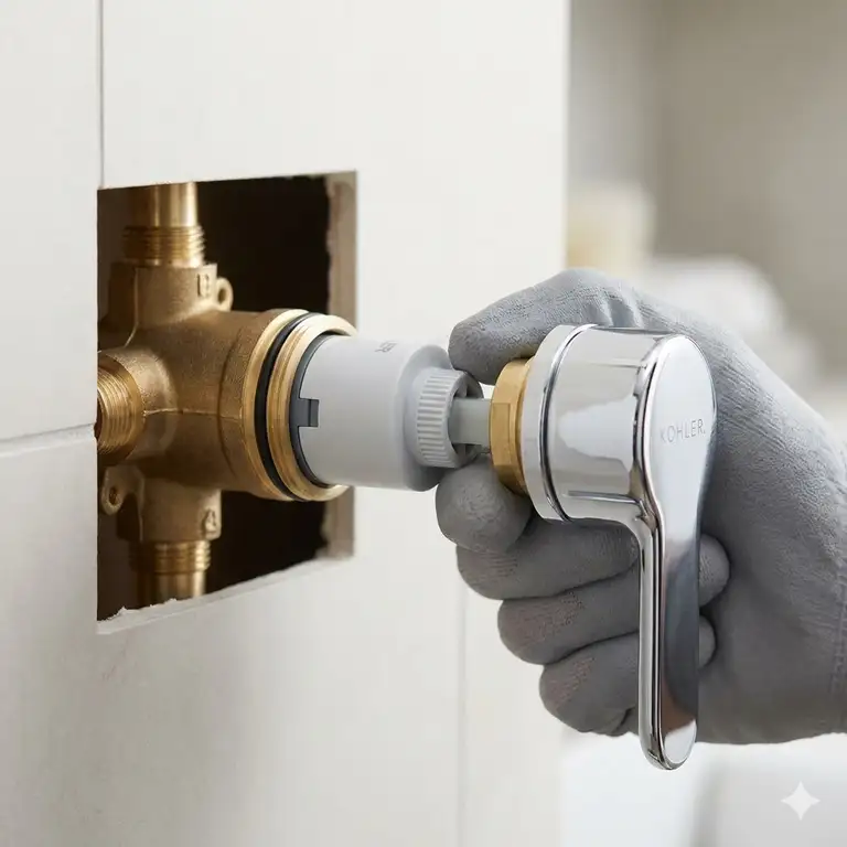 A professional plumber installing a new kohler cartridge shower unit in a bathroom.