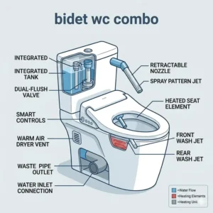 Detailed anatomical illustration of a bidet wc combo highlighting the spray nozzle and integrated control panel.