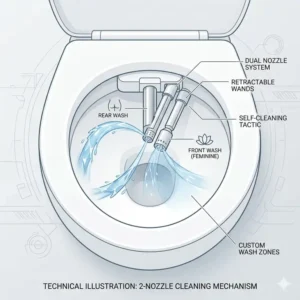 Technical illustration of the dual nozzle system featured in Bemis bidet seats.