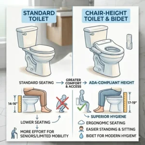 A technical comparison chart showing the benefits of a chair height toilet with bidet.