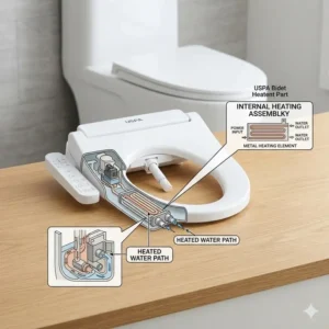 Technical diagram showing the internal heating element among various uspa bidet parts.