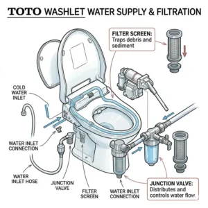 A toto washlet parts diagram focusing on the water supply hose and junction valve.