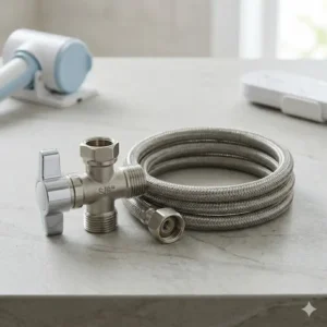 T-adapter and shut-off valve categorized as essential bidet replacement parts.