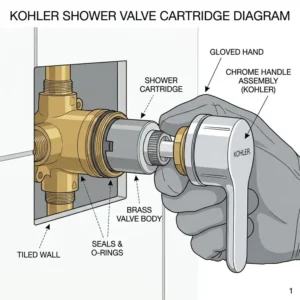 Technical exploded view diagram of a kohler cartridge shower valve assembly.