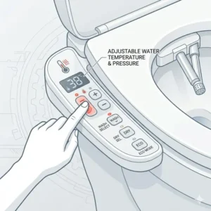 Diagram showing how to adjust water temperature and pressure on Bemis bidet seats.