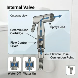 Close-up shot of the brushed finish and anti-corrosion surface of a stainless steel bidet spray.