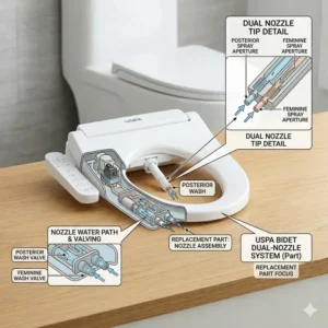 Close-up view of the dual nozzle system, a key component of uspa bidet parts.