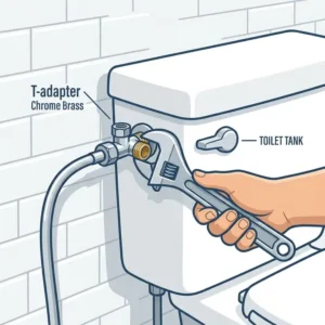 Step-by-step guide on how to attach the T-adapter to a hose for toilet bidet.