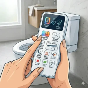 Close-up of the smart remote control included with this chair height toilet with bidet.
