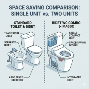 Illustration comparing a traditional toilet and bidet setup versus a space-saving bidet wc combo unit.