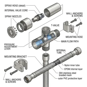 Detailed diagram of a stainless steel bidet installation kit including T-valve and mounting hardware.