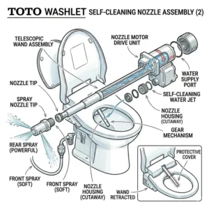 Technical toto washlet parts diagram illustrating the self-cleaning nozzle and wand assembly.