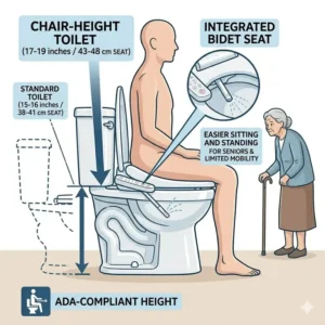 gonomic design of a chair height toilet with bidet showing ease of use for seniors.