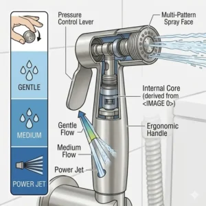 Functional illustration of the adjustable water pressure lever on a stainless steel bidet sprayer.