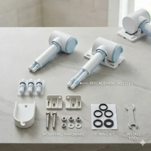 Retractable dual cleaning nozzle system for bidet replacement parts.