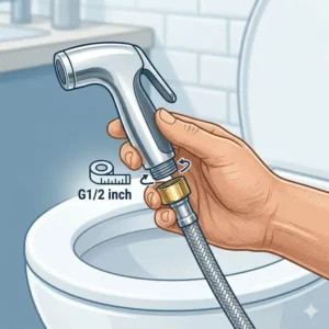 Close-up illustration of a hand connecting the sprayer head to a hose for toilet bidet.