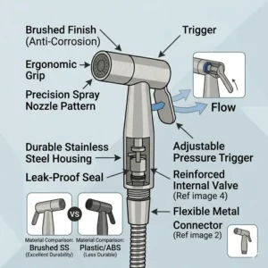 Step-by-step visual guide for easy DIY installation of a stainless steel bidet spray.