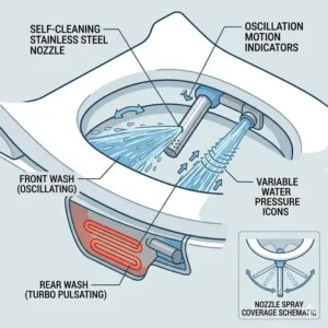 Digital graphic showing the different water pressure and spray pattern settings of a smart bidet wc combo.