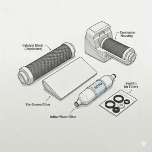 Carbon deodorizer catalyst and pre-screen filtration components from the toto bidet parts catalog for air purification.