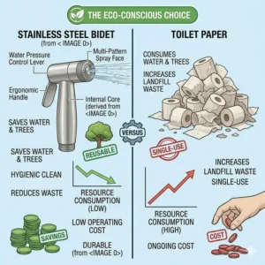 Infographic highlighting the environmental benefits of using a stainless steel bidet over toilet paper.