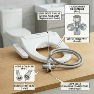 High-quality T-valve and water supply hose used as essential uspa bidet parts.