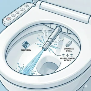 Detailed view of the self-cleaning stainless steel nozzle inside a chair height toilet with bidet.
