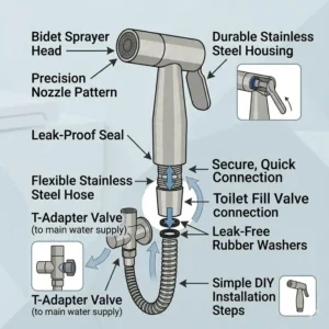 Demonstration of the adjustable water pressure trigger on a handheld stainless steel bidet spray.