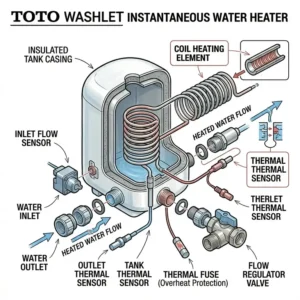 Professional toto washlet parts diagram highlighting the water heater and thermal sensors.