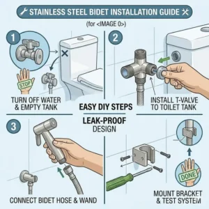 Step-by-step DIY guide for a quick and easy stainless steel bidet attachment in a bathroom.